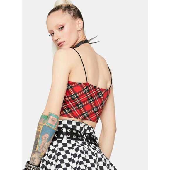Red black gray plaid crop top cami Tank Top - Picture 6 of 7